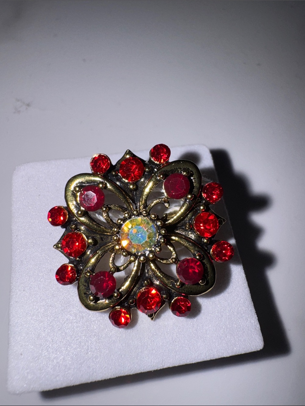 Vintage-Inspired Red Crystal Floral Brooch NWOT